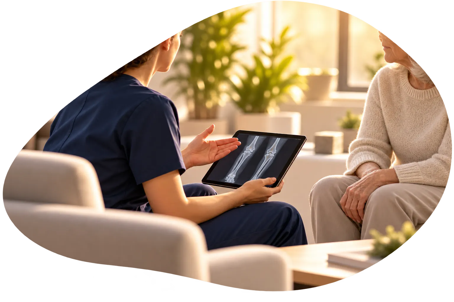 A clinician showing leg X-rays on a tablet to an older patient in a calm, sunlit consultation room.