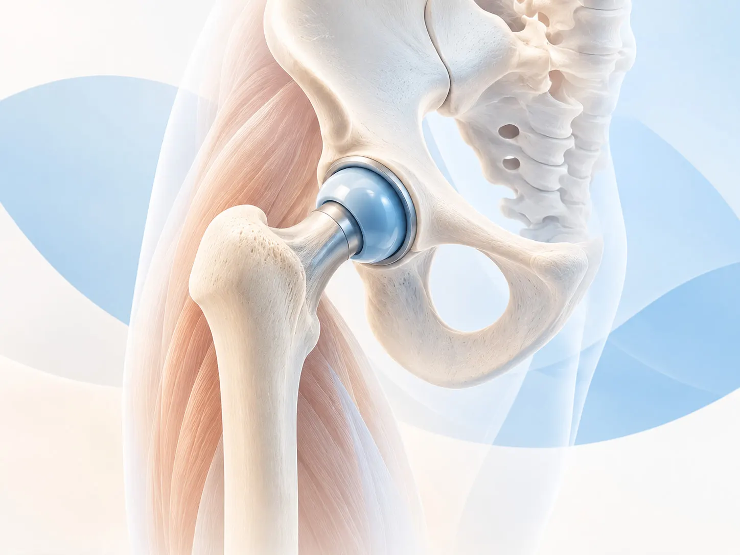 Illustration of the hip joint, with the head of the thigh bone in the pelvic socket