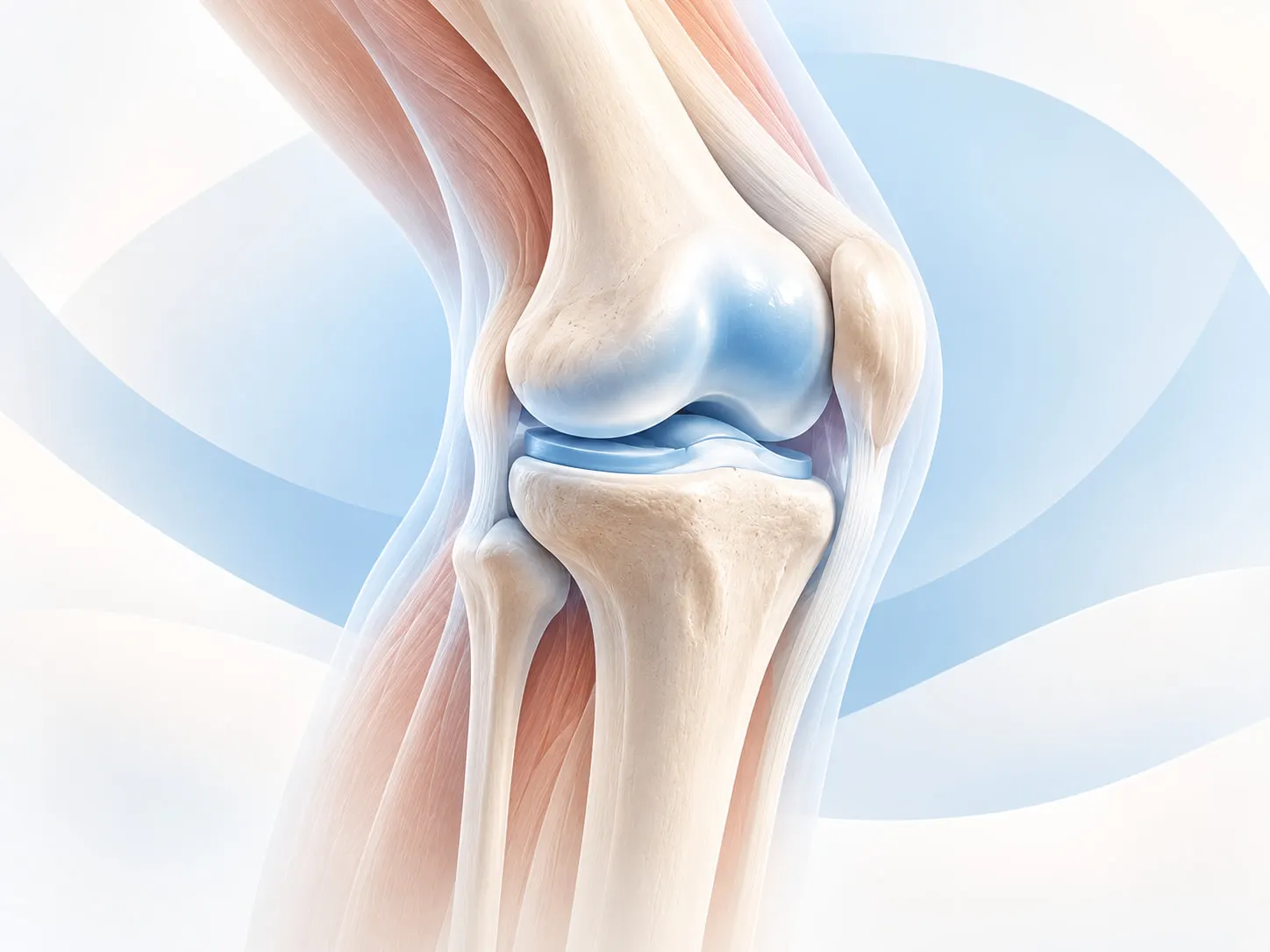 Illustration of the knee joint, showing the thigh bone, shin bone and kneecap