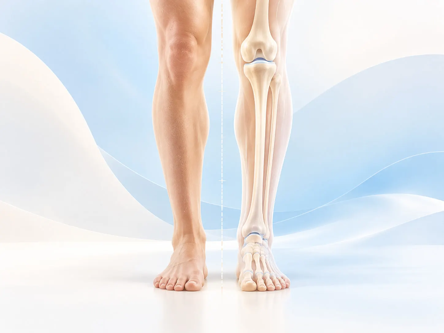 Illustration of the legs in standing alignment, with the leg bones shown alongside