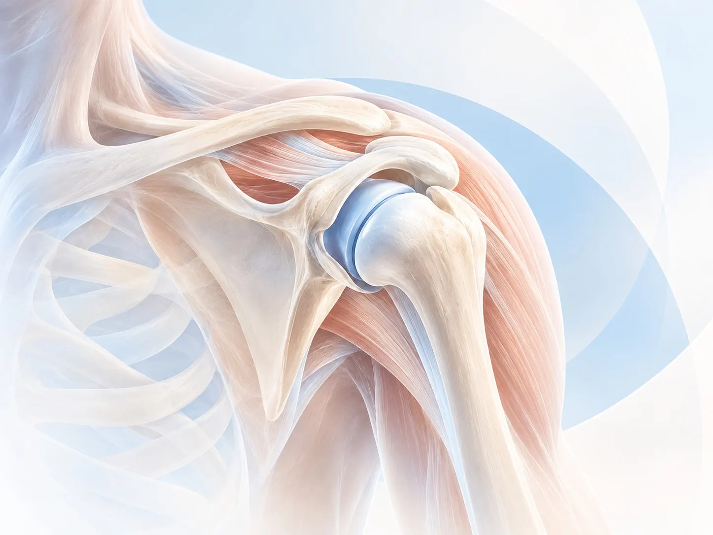 Illustration of the shoulder joint, with the upper arm bone meeting the shoulder blade