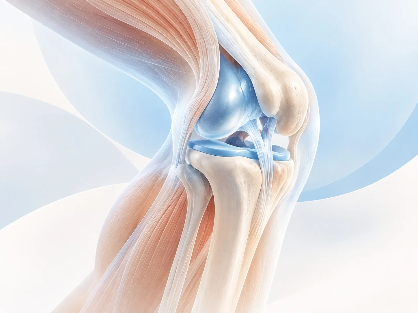 Illustration of a bent knee showing the ligaments inside the joint